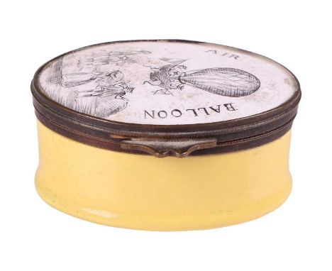 A George III enamel snuff box, titled 'Air Balloon', with figures in a landscape beneath a balloon and basket, yellow ground 