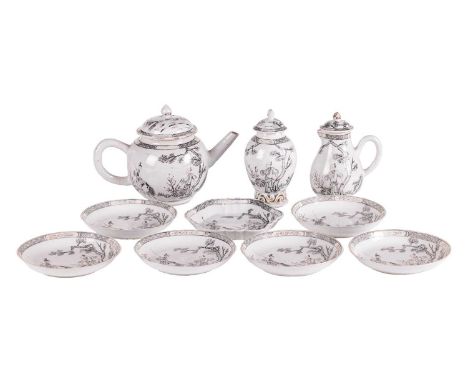 A Chinese 18th century, Qianlong, en-grisaille decorated porcelain part teaset, painted with a boy droving a buffalo, in conv