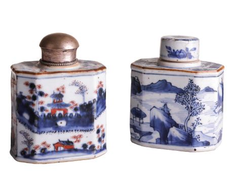 A Chinese Qing Dynasty, Qianlong, Blue and white porcelain tea caddy and cover of canted rectangular flask form painted in in