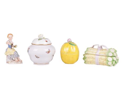 A Herend Porcelain asparagus shaped box and cover, 8.5 cm x 13.5 cm, together with two Herend covered bowls, one modelled as 