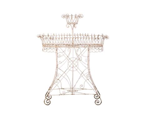 A Regency painted drawn iron wire-work planter with a central elevated posy basket above a trough below on a trellis base. 10