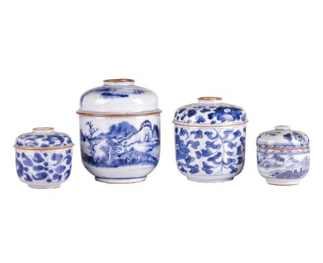 A Chinese Kangxi blue and white custard container and cover painted with inky blue palmette and fungus, together with one sim