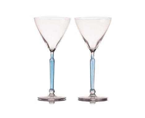 A pair of Lalique Clos Sainte Odile wine glasses, designed circa 1921, blue stained stem, incised Lalique France, 19.5cm high