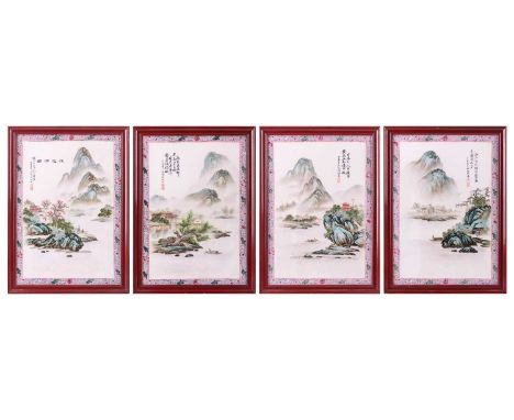 A set of four Chinese Famille Rose porcelain rectangular panels with mountainous landscape in hardwood frames, 20th century. 