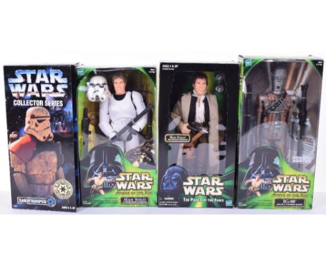 Four Star Wars Boxed 12 inch Action Figures, Kenner Sandtrooper, Hasbro Han Solo with magnetic detonators, Power of the Jedi 