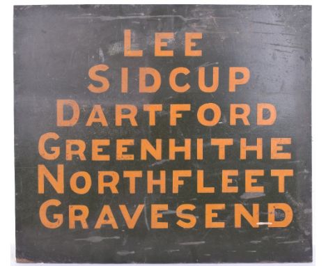 Wooden Painted Railway destination sign Lee-Sidcup-Dartford-Greenhithe-Norfleet-Gravesend, 60cms x 52cms, 3 x Bus/Train adver