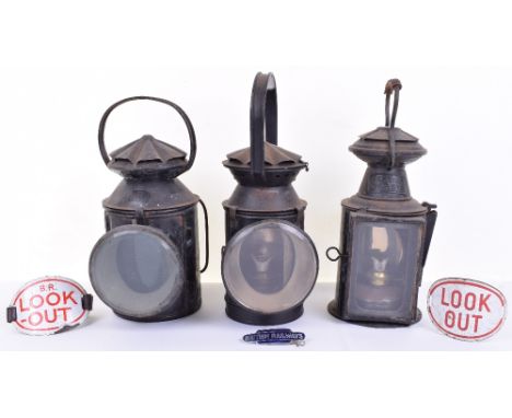 Three Hand Signal Railway Lamps, black painted S.R.A. G 561 lamp,  black painted Southern Region ‘E’ Black painted South East