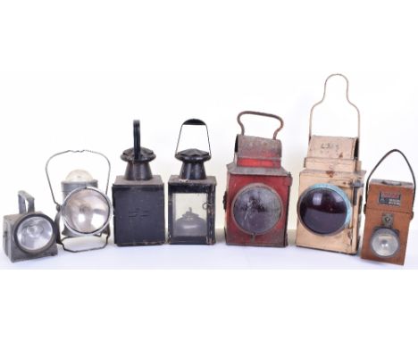 Five  Railway Lamps, rear white LMS locomotive light, rear red locomotive light, two British Railway hand lamps, one battery 
