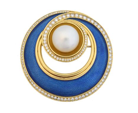 An 18ct gold cultured pearl, enamel and diamond brooch by Leo De Vroomen, An 18ct gold cultured pearl, enamel and diamond bro
