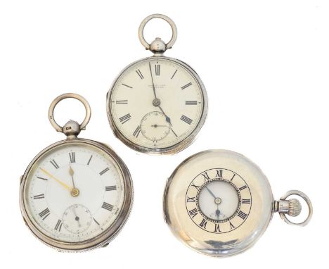 Three silver pocket watches, Three silver pocket watches, to include a half hunter pocket watch by J.W. Benson, an open face 