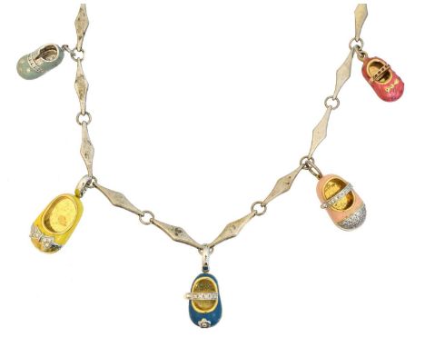 An enamel necklace, An enamel necklace, the silver fancy link chain suspending five 9ct and 18ct gold enamel and diamond shoe