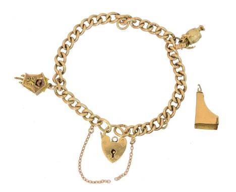 A 9ct gold charm bracelet, A 9ct gold charm bracelet, the flat curb link chain with heart shape padlock clasp, suspending a c