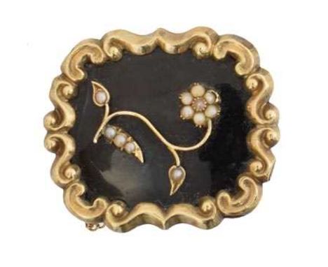 A Victorian enamel and split pearl mourning brooch, A Victorian enamel and split pearl mourning brooch, the split pearl forge