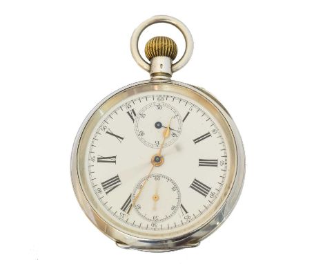 A silver open face chronograph pocket watch, A silver open face chronograph pocket watch, with roman numeral markers, subsidi