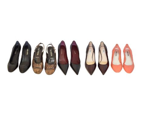Five pairs of Prada heels, Five pairs of Prada heels, to include a pair of black patent leather heels, a pair of black leathe