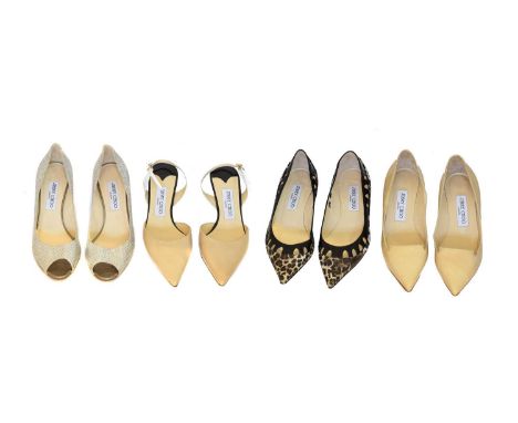Four pairs of Jimmy Choo heels, Four pairs of Jimmy Choo heels, to include a pair of nude patent leather heels, a pair of tri