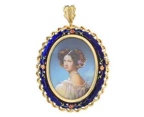 An 18ct gold enamelled portrait miniature brooch, An 18ct gold enamelled portrait miniature brooch, the portrait miniature of