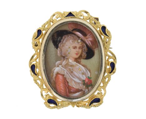 An 18ct gold enamel miniature brooch, An 18ct gold enamel miniature brooch, the oval enamel miniature of a lady with single c