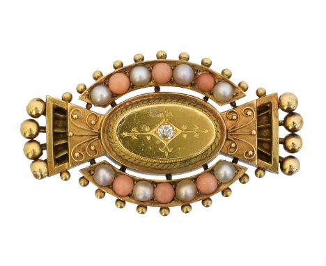 A Victorian coral diamond and split pearl brooch, A Victorian coral diamond and split pearl brooch, the old cut diamond inset
