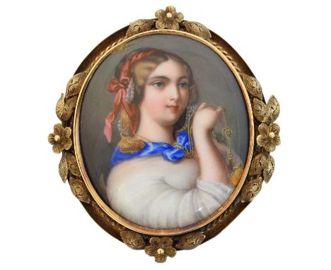 A 19th century portrait miniature brooch, A 19th century portrait miniature brooch, the oval painted enamel portrait miniatur