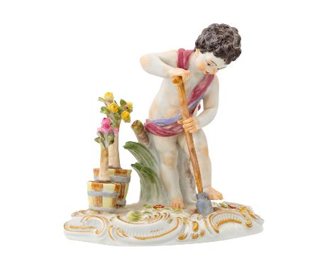 MEISSEN Amorette als Gärtner, 1. Wahl, 20. Jhd. Weißporzellan polychrom gefaßt, Allegorei 'Die Erde', Entwurf J.J. Kaendler, 