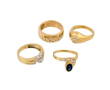 Konvolut 4 Ringe, #1: GG 14K, 5,3 gr, RW: 55, Brillant ca. 0,25 ct, ca. F-G/VS // #2: GG 14K, 7 gr, RW: 57, Brillanten zus. c