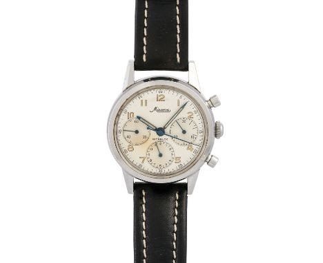 SAMMLUNGSAUFLÖSUNG MINERVA Vintage Chronograph, Ref. VD712. Herrenuhr. Edelstahl. Handaufzug-Werk, Kaliber 72. Lederband mit 