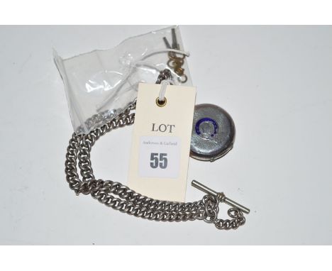 A silver cased fob watch, with white enamel roman dial and blue enamel reverse (some chipping), on a silver Albert chain.