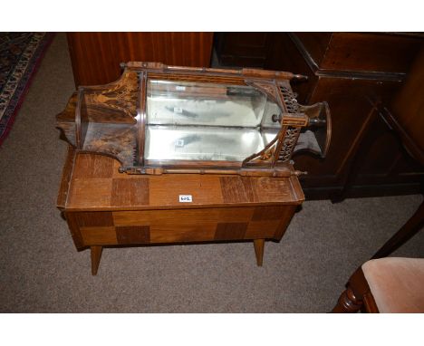 A Victorian inlaid rosewood two-tier corner shelf unit with mirrors; and a modern teak sewing box.