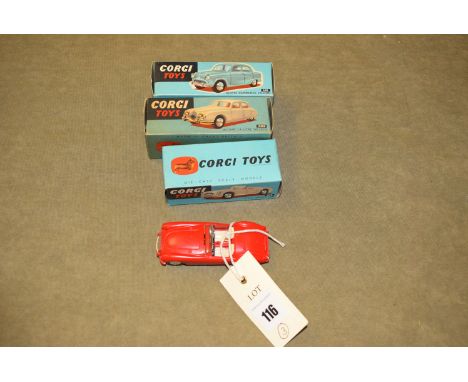 Three boxed Corgi die-casts, models no. 201 Austin Cambridge saloon; model no. 208 Jaguar 2.4 4ltr. saloon car; and model no.