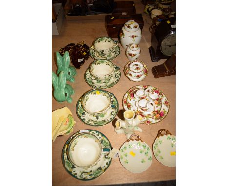 Two Sylvac green rabbits; four Masons Ironstone 'Chartreuse' pattern cups and saucers; two Belleek dishes; and a flower vase;