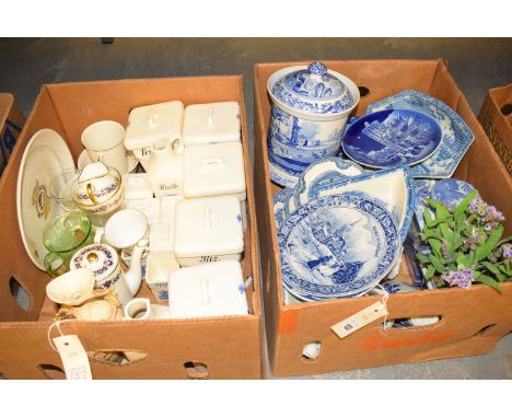 Two boxes of blue and white ceramics, including: storage jars; Maling tea caddy; Danish 1992 Christmas plate; a large Spode b