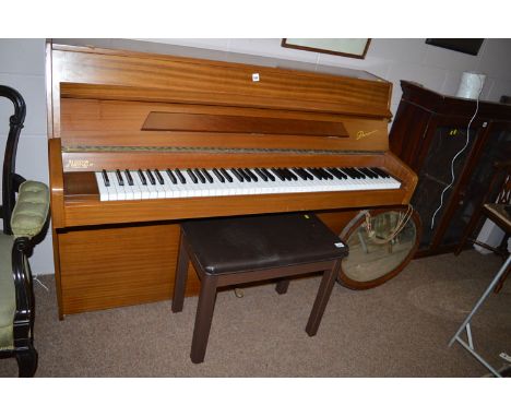 A modern compact piano in mahogany case, by Danemann; together with a piano stool.