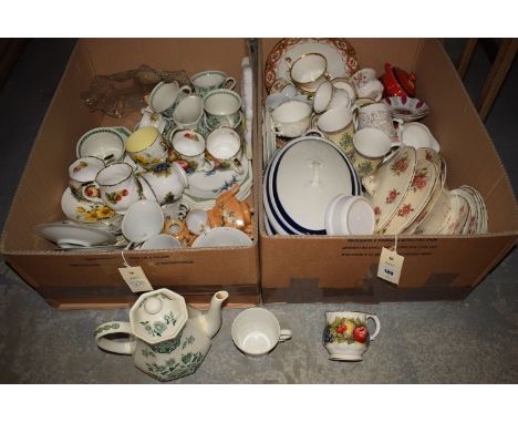 Two boxes of household ceramics, including: cups and saucers; part tea set; tureens; etc.