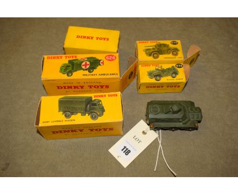 A collection of five Dinky die-cast military vehicles with boxes, comprising: model no. 676 armoured personnel carrier; model