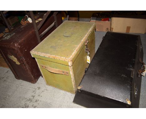 A vintage car trunk; a canvas covered box; and a suitcase.
