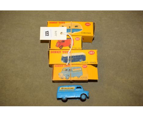 Four Dinky die-cast model vehicles, comprising: model no. 190 caravan; model no. 260 Royal Mail van; model no. 283 BOAC coach