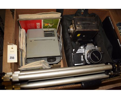 A box of photographic equipment, including: a Gevaert box camera; a Minolta camera; two Hanimex lenses; a tripod; and View Ma