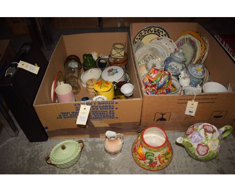 Two boxes of household ceramics; a portable typewriter; etc.