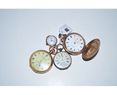 Two gilt cased pocket watches, one open faced, the other hunter; a cocktail watch with white enamel dial; and a silver cased 