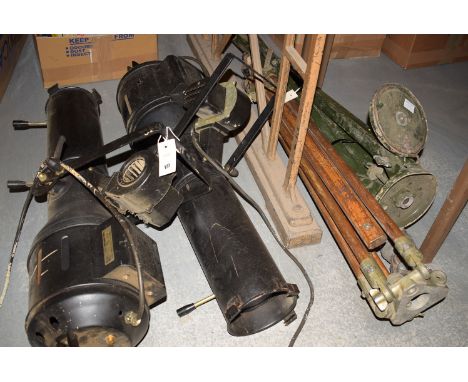 Two theatre electric spot lights; together with two tripod stands.