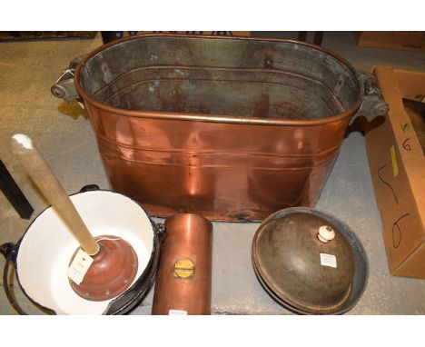 A large oval two-handled copper container; a hot water bottle; an enamel jam pan; etc.