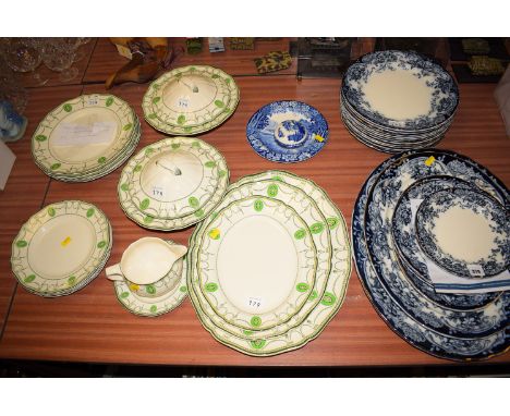 A 'Chatsworth' pattern blue and white part dinner service; three graduating meat plates; a Royal Doulton 'Countess' pattern p
