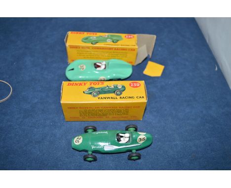Two boxed Dinky die-cast model racing cars, model no. 236 Connaught racing car; and model no. 239 Vanwall racing car.