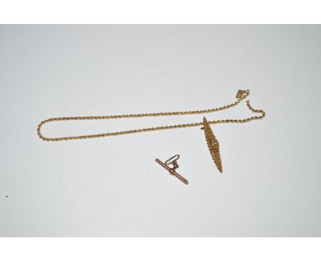 A 9ct. gold twisted chain (broken); a brooch set with blister pearl (missing pin); and a watch chain T-bar.