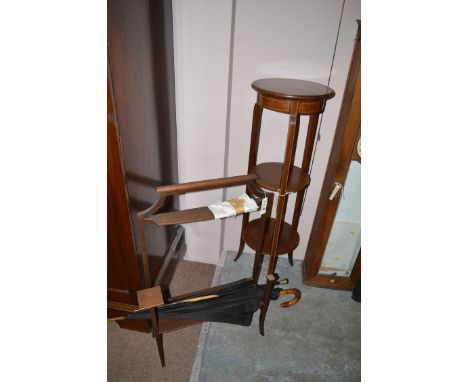 An Edwardian inlaid mahogany plant stand; a firescreen frame; an umbrella; and a walking cane.