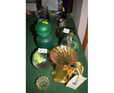 A Venetian glass mug with dragon design handle, gilt decoration; together with other glassware, to include: paperweights; ash