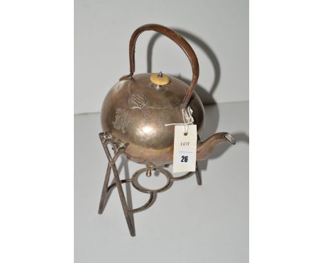 A George V silver kettle, by Mappin & Webb, Sheffield, the leather handle above ivory finial, fitted three feet, on matching 