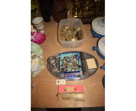 A box of silver plated Community ware cutlery; an oval plated gallery tray; a box of decorative teaspoons; two cut-throat raz