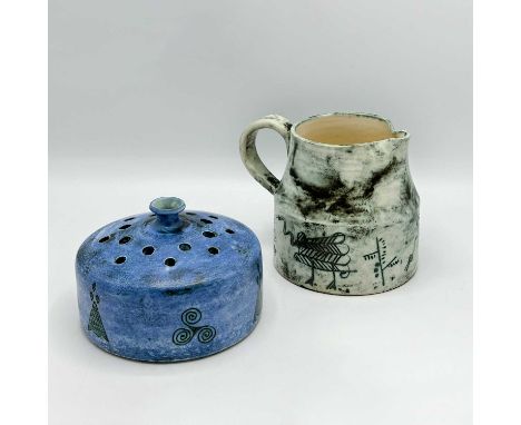 France, circa 1960Each with incised decoration, both signed J. Blin on base. Height of pitcher 6 inches; diameter of vase 6 1